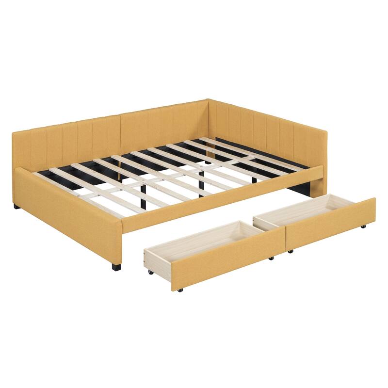 Full Size Upholstered Daybed with 2 Storage Drawers, Linen Fabric Sofa Bed Frame, No Box Spring Needed