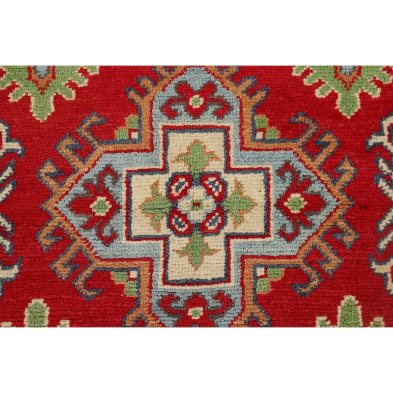 Geometric Red Kazak Accent Rug Hand-Knotted Wool Carpet - 3'2" x 4'11"