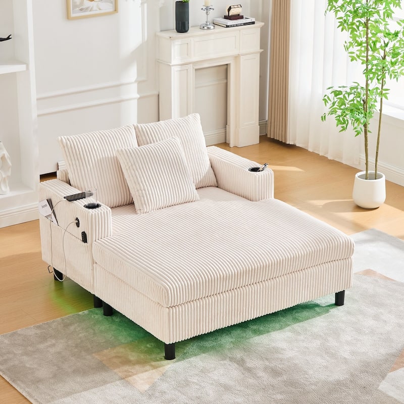 Modern Corduroy Oversized Recliner Sofa with Deep Seat, 3 Pillows, USB Charging, RGB LED Light Strip, Cup Holder, Side Pocket