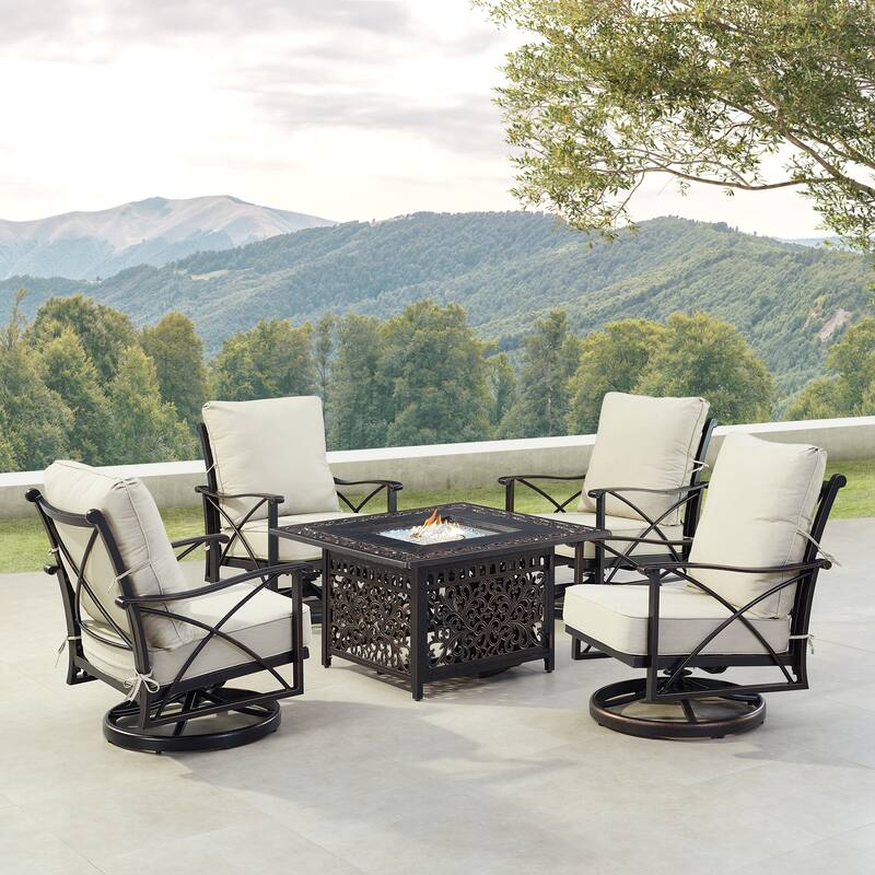 Black Aluminum Fire Table Set with Four Club Chairs - Light Grey