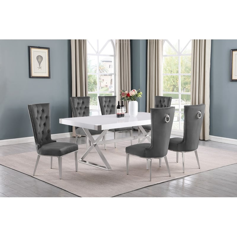 Best Quality Furniture D440/1-SC330-7 Dining Set with 78" White Lacquer Wood Top - 7-Piece - Dark Grey / Silver