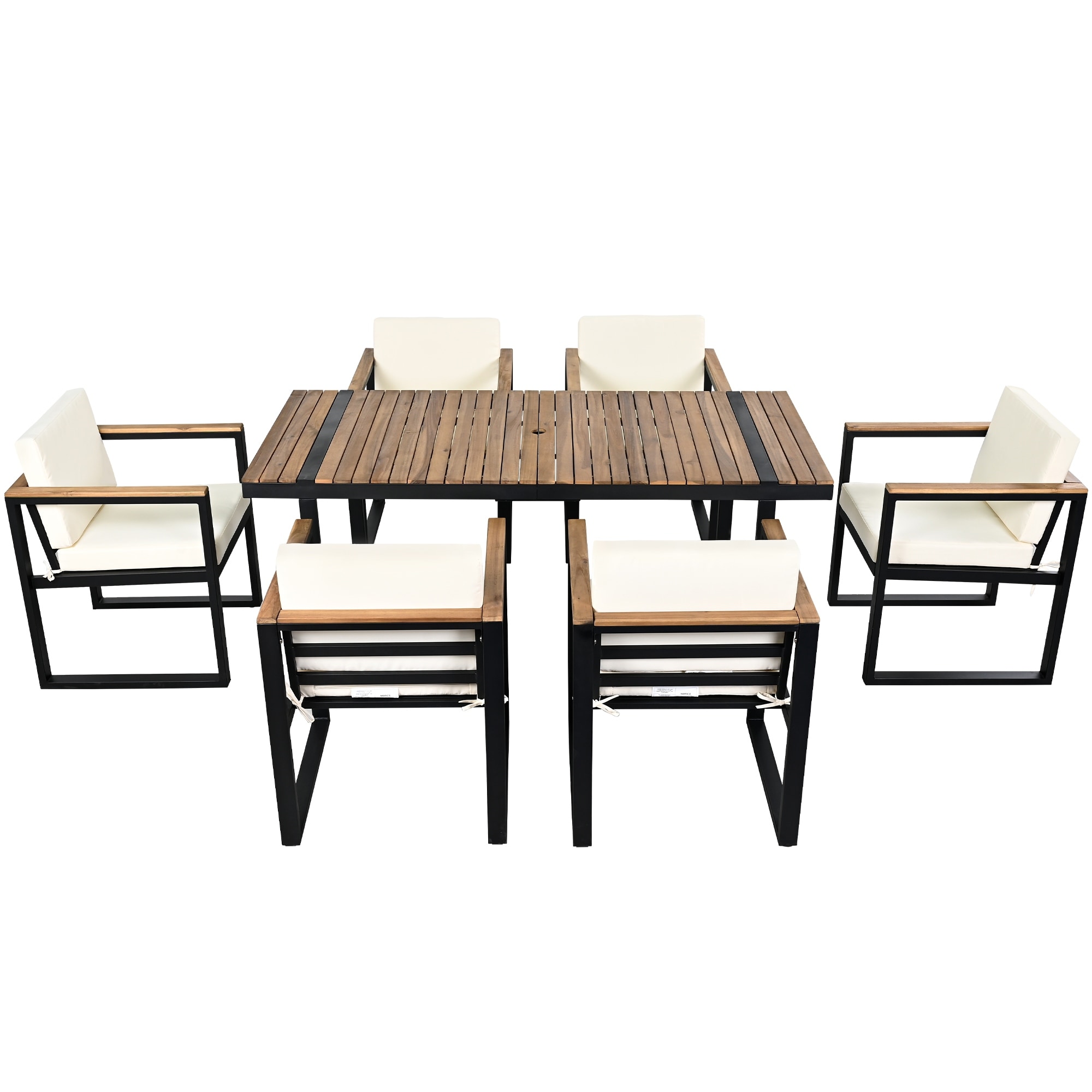 Outdoor Acacia Wood and Steel Dining Set, 7 Piece Patio Dining Table and Chair Set with Umbrella Hole and Removable Cushions