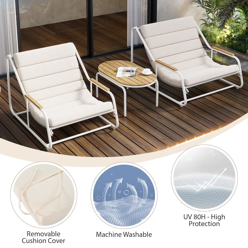 Set of 3 Patio Chaise Lounge Chair with Acacia Side Table