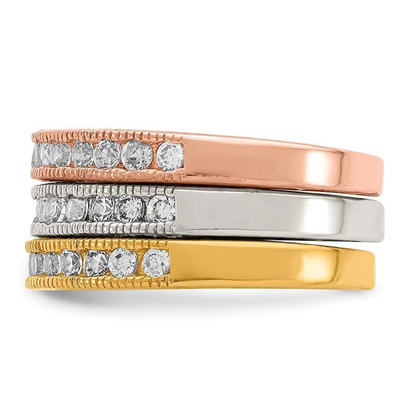 Curata 925 Sterling Silver Solid Back Gold Plated Polished Trio CZ Cubic Zirconia Simulated Diamond Rings