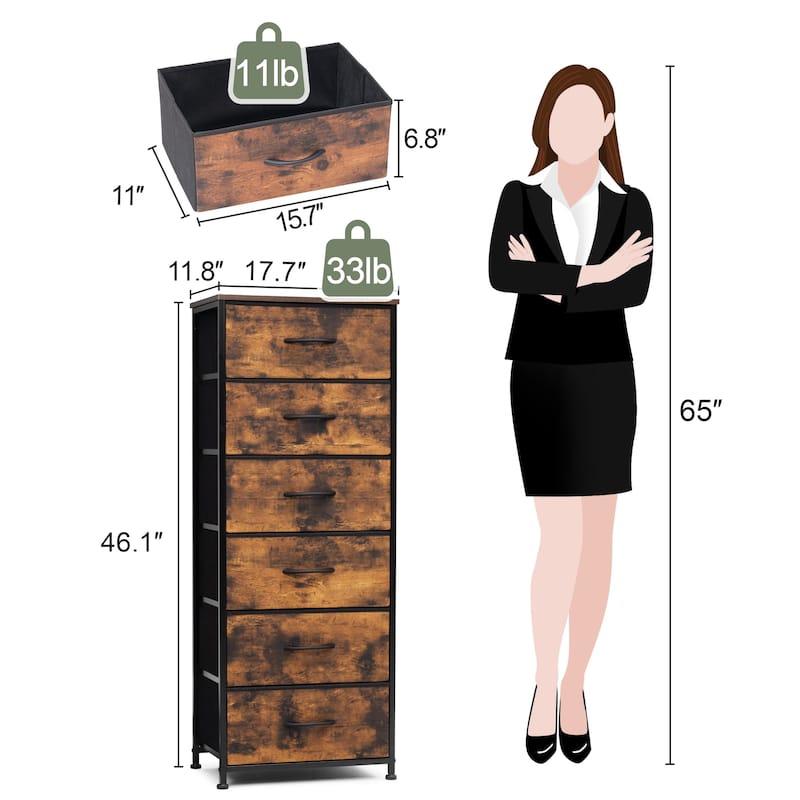 6 Drawers Chest - Vertical Storage Tower Steel / Wood / Fabric Dresser