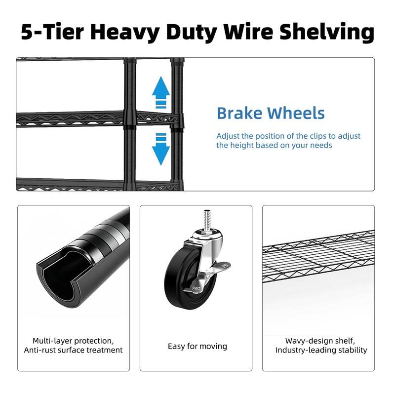 5-Tier Adjustable Metal Storage Rack, Black, 1750/2000 lbs, 71.2"/72.3"H