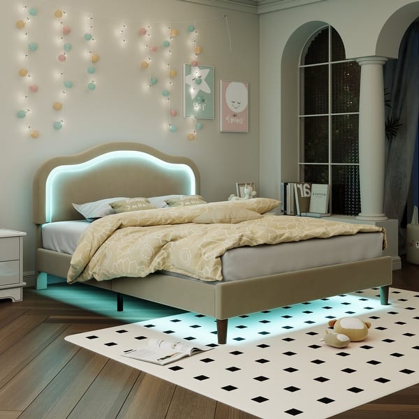 slide 2 of 31, Mid-Century Modern Velvet Upholstered LED Bed Frame with Adjustable Height Headboard,No Box Spring Needed,Easy Assembly Beige - Full