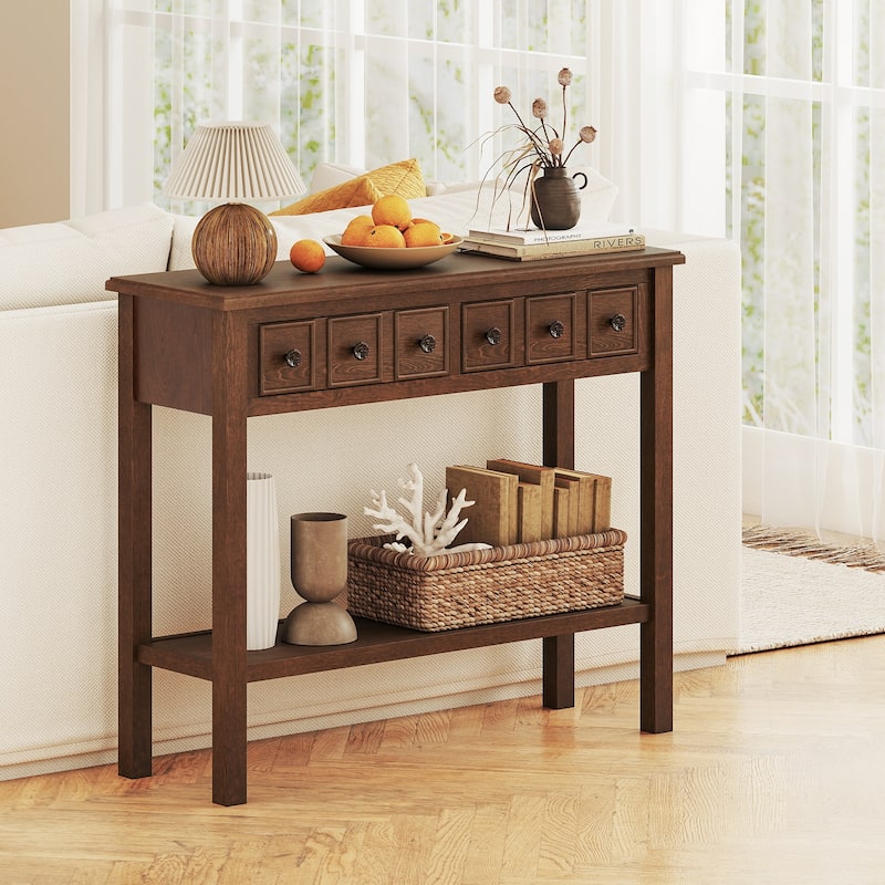 Espresso Rustic Console Table with Drawers and Shelf Solid Pine Wood Entryway Table - 38" x 13" x 32"