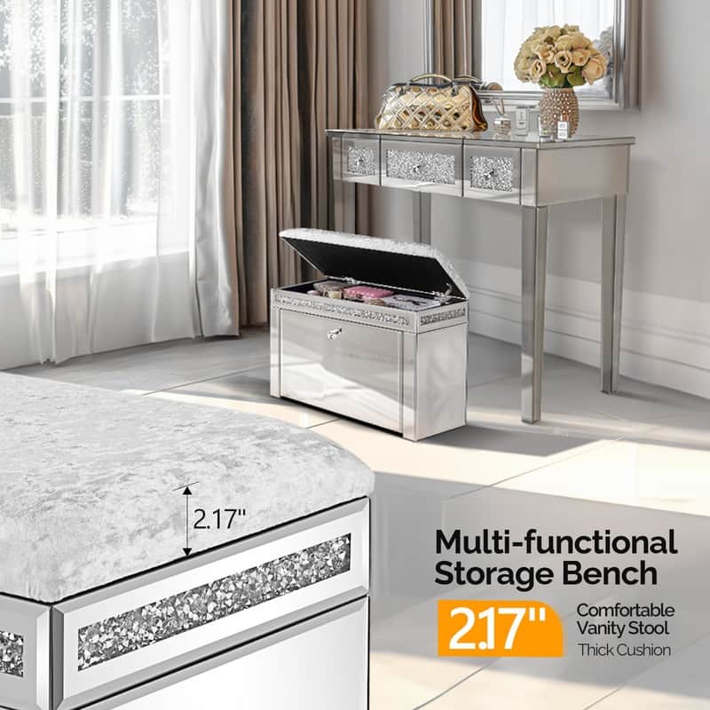 Pre-Assembled Mirrored Shoe Storage Bench with Flip Drawer Silver
