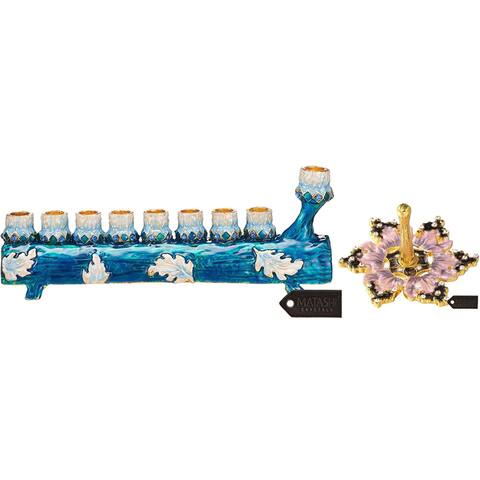 Matashi Hand Painted Log Menorah Candelabra and Spinning Dreidel Holiday Ornaments w/ Crystals Jewish Decor Hanukkah Gift