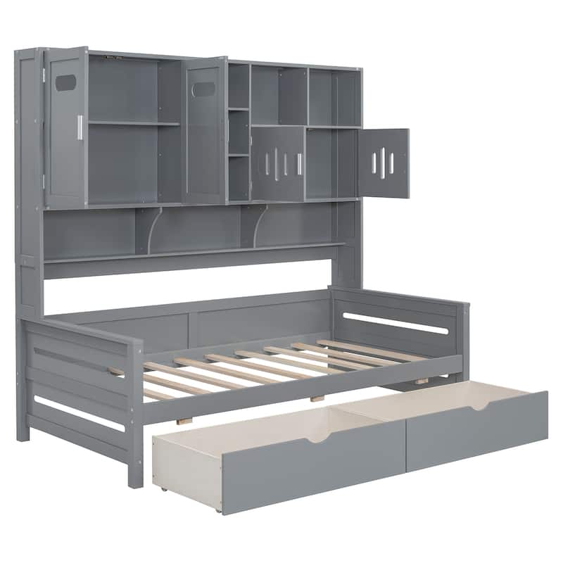 Twin Size Wooden Daybed with 2 Drawers, All-in-One Cabinet and Shelf for Bedroom