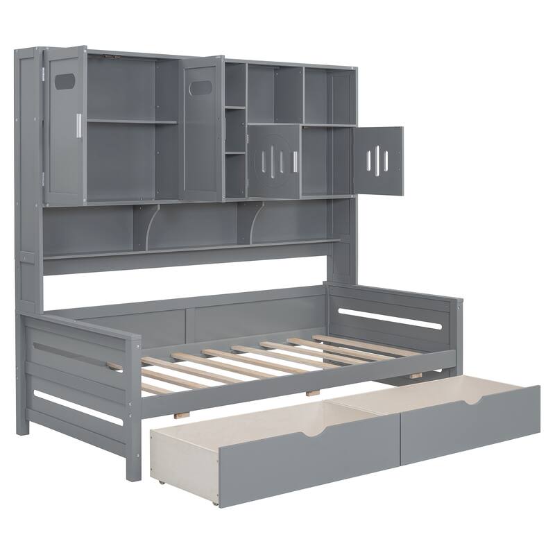 Wooden Daybed with 2 Drawers, All-in-One Cabinet and Shelf for Bedroom