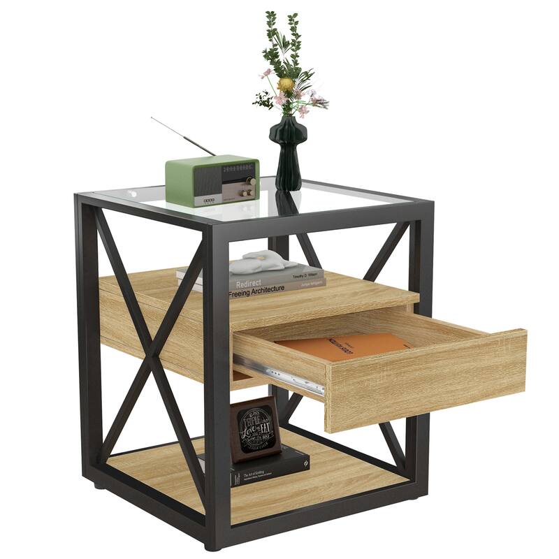 1 piece Modern End Table with Drawer - Nightstand,Rustic Wood Grain MDF& Tempered Glass Top,Industrial Style Side Table