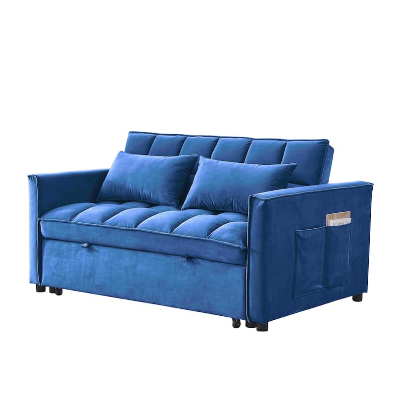 Velvet Sofa Bed, Convertible Pull-Out Couch Loveseat with 3-Level Adjustable Backrest, Sleeper Sofa with Side Pockets