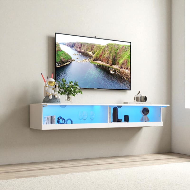 Wall Mounted Floating 80" TV Stand with LED Lights & Charging Station, Modern Media Console with Storage