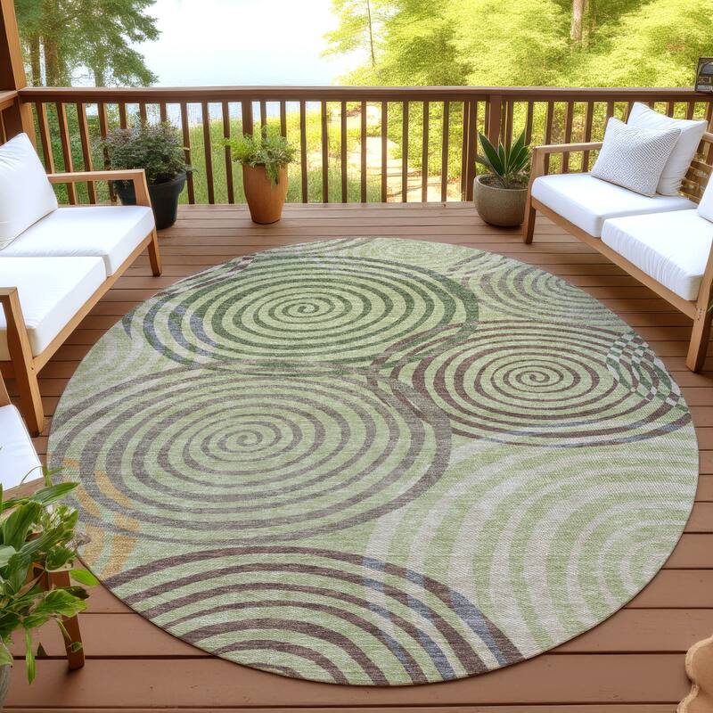 Machine Washable Indoor/ Outdoor Contemporary Swirls Chantille Rug - Aloe - 8' x 8'