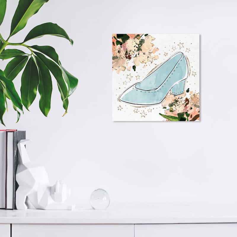 Wynwood Studio Canvas Fashion and Glam Gold Scribble Slipper Blue and Light Blue Glam Wall Art Canvas Print - 12 x 12
