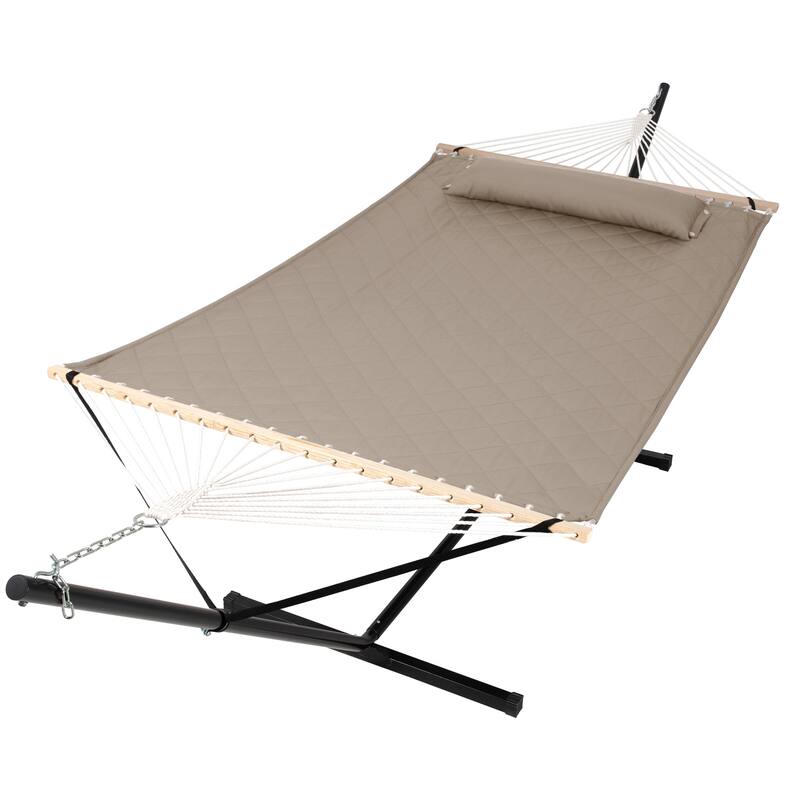 Double Hammock with 12 Feet Heavy Duty Steel Stand Combo, 2 Person Quilted Fabric Hammocks with Stand,450 LBS Weight Capacity - Light Brown