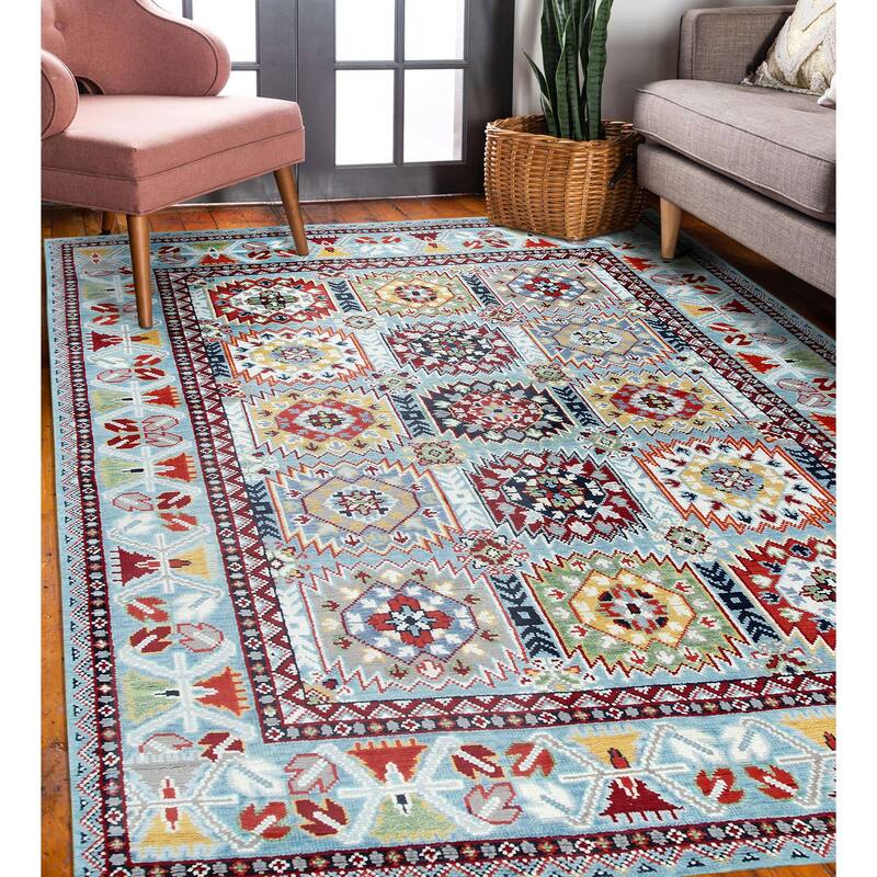 Home Decor Blue Hand-Knotted Wool Geometric Area RugModern and Stylish Rug for Living Room, Bedroom, Office, or Home Decor