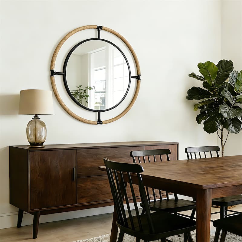 Industrial Nautical Dual Round Wall Hanging Decorative Mirror with Rope Coastal Decor Mirror