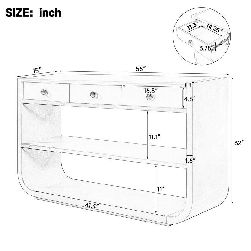 Christopher Knight Home - Modern Entryway Curved Console Table with Soft-Close Drawers & Open Shelves for Living Room, Hallway