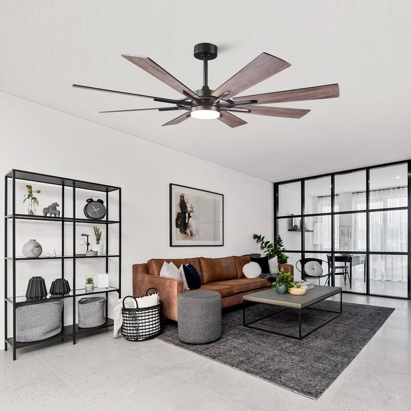 60" Matte Black Large Windmill Farmhouse Integrated LED Ceiling Fan with Light and Remote - 60"Wx12.8"H