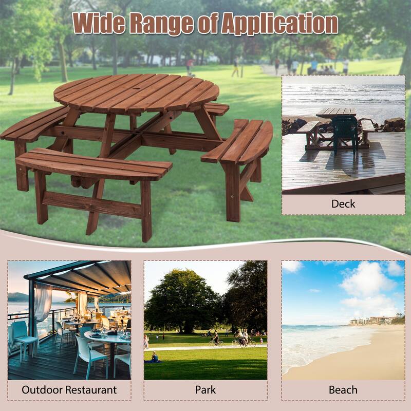8 Person Dining Table with 4 Built-in Benches Outdoor Camping Round Dining Table Poolside Picnic Beer Table with Seat
