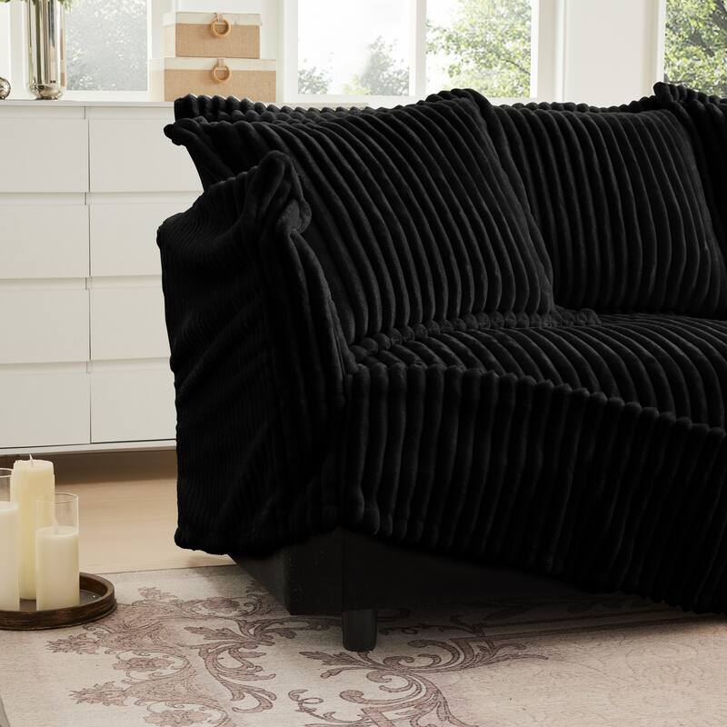 Corduroy 2-Seater Sectional Sofa with Convertible Ottoman & Pillows