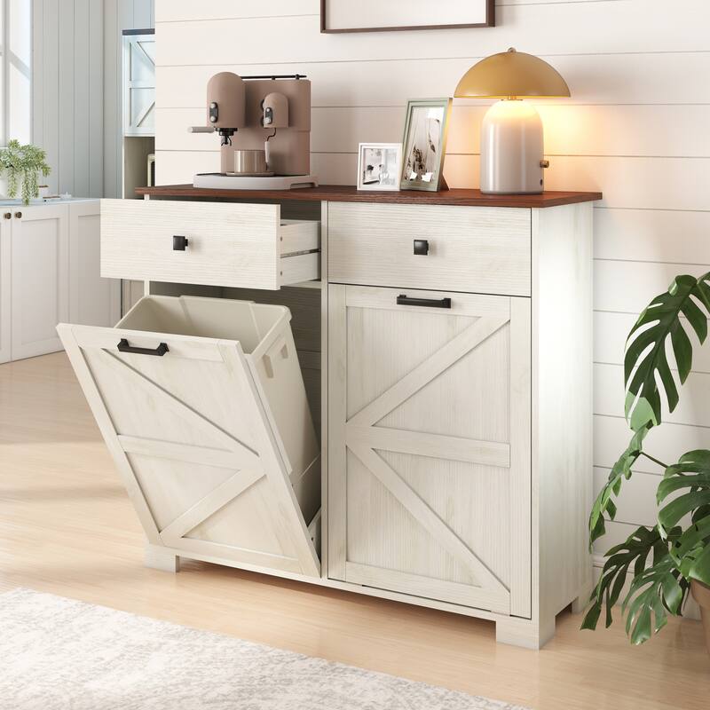 Tilt Out Trash Cabinet, Freestanding Wooden Trash Recycling Cabinet, Hidden Dual Laundry Cabinets with 2 Drawers & 2 Baskets