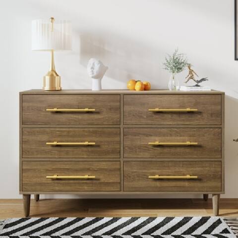 Mid-Century Modern Dresser with Golden Handles, Six-Drawer, Natural Walnut