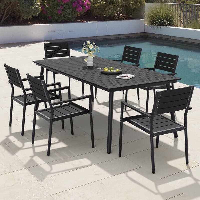 7-Piece Outdoor Patio Dining Set Wood-Like Table Top Alumium Umbrella Hole Table with Stackable Armrest Dining Chairs - Black