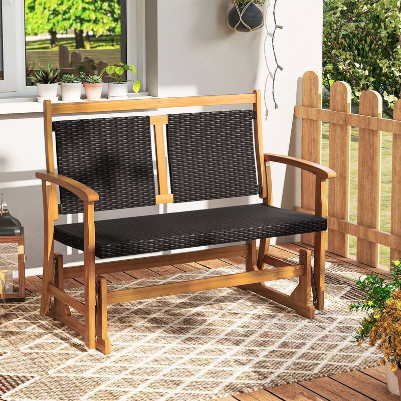 Gymax Patio Rattan Glider Bench Swing Gliding Rocker for 2 w/ Acacia