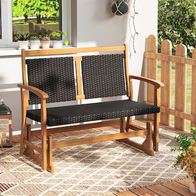 Comfortable Rattan Patio Glider with Wooden Frame and Swing Rocking Armchair for Outdoor Furniture