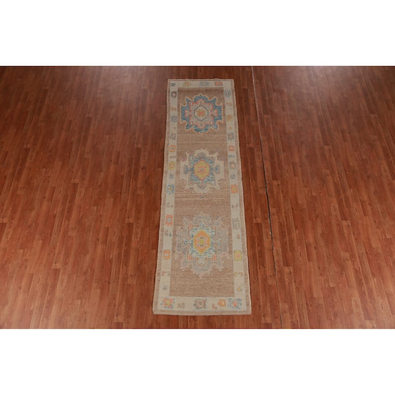 Hand Knotted Oriental 100% Wool Carpet Transitional Geometric Brown Oushak Runner Rug - 10' 2'' X 2' 11''