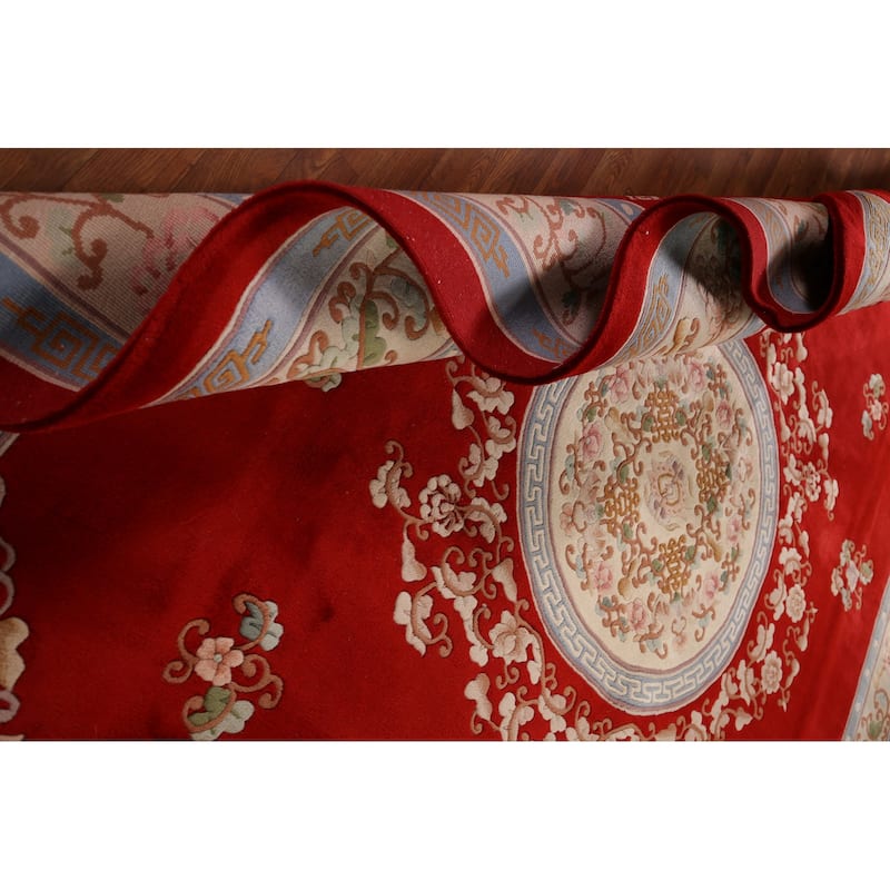 Red Art-Deco Chinese Vintage Area Rug Handmade Wool Carpet - 9'0" x 12'0"