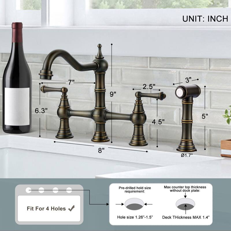 WOWOW Double Handle Bridge Kitchen Faucet with Side Sprayer
