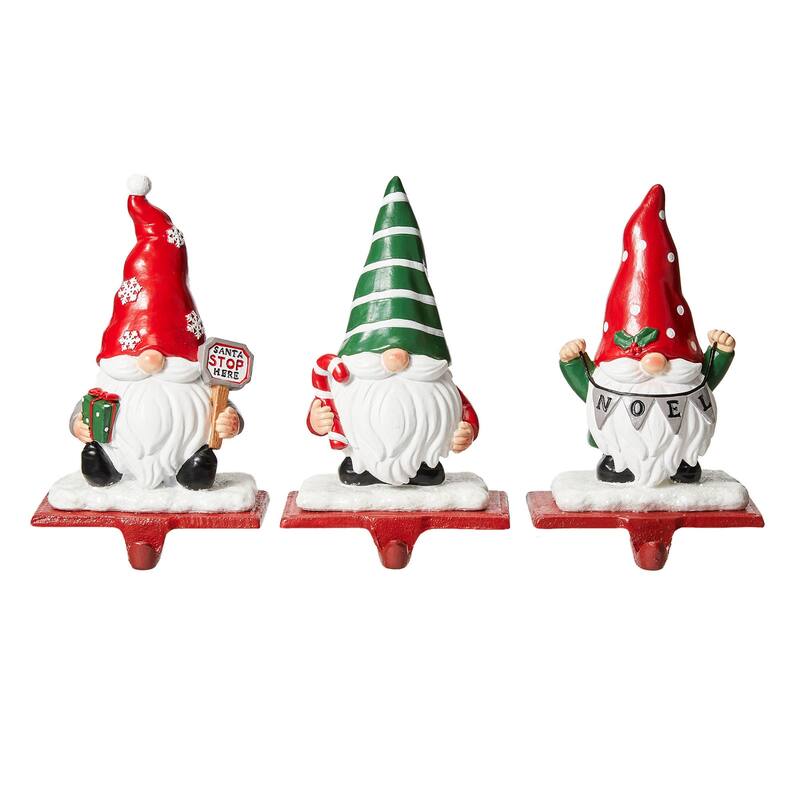 Glitzhome Resin Santa Snowman Penguin Gnomes with JOY Christmas Stocking Holders Mantel Ornament(Set of 3) - Gnomes
