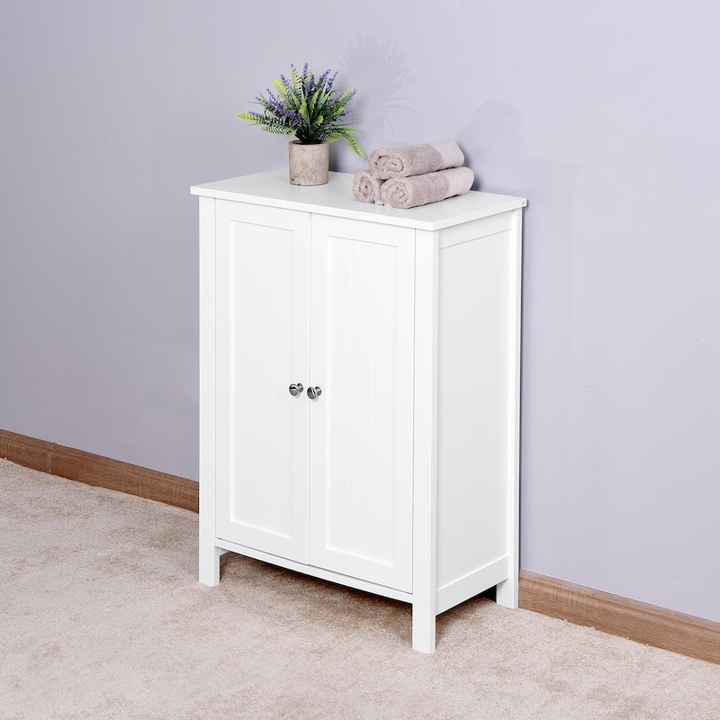 Bathroom Floor Storage Cabinet with Double Door Adjustable Shelf, White - White