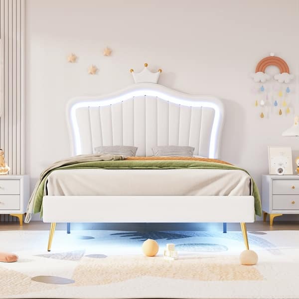 slide 2 of 18, Crown Stripe Headboard Platform Bed Frame, PU Upholstered Princess Bed with Remote Control LED Lights, Wood Slat Panel Bed White - Twin