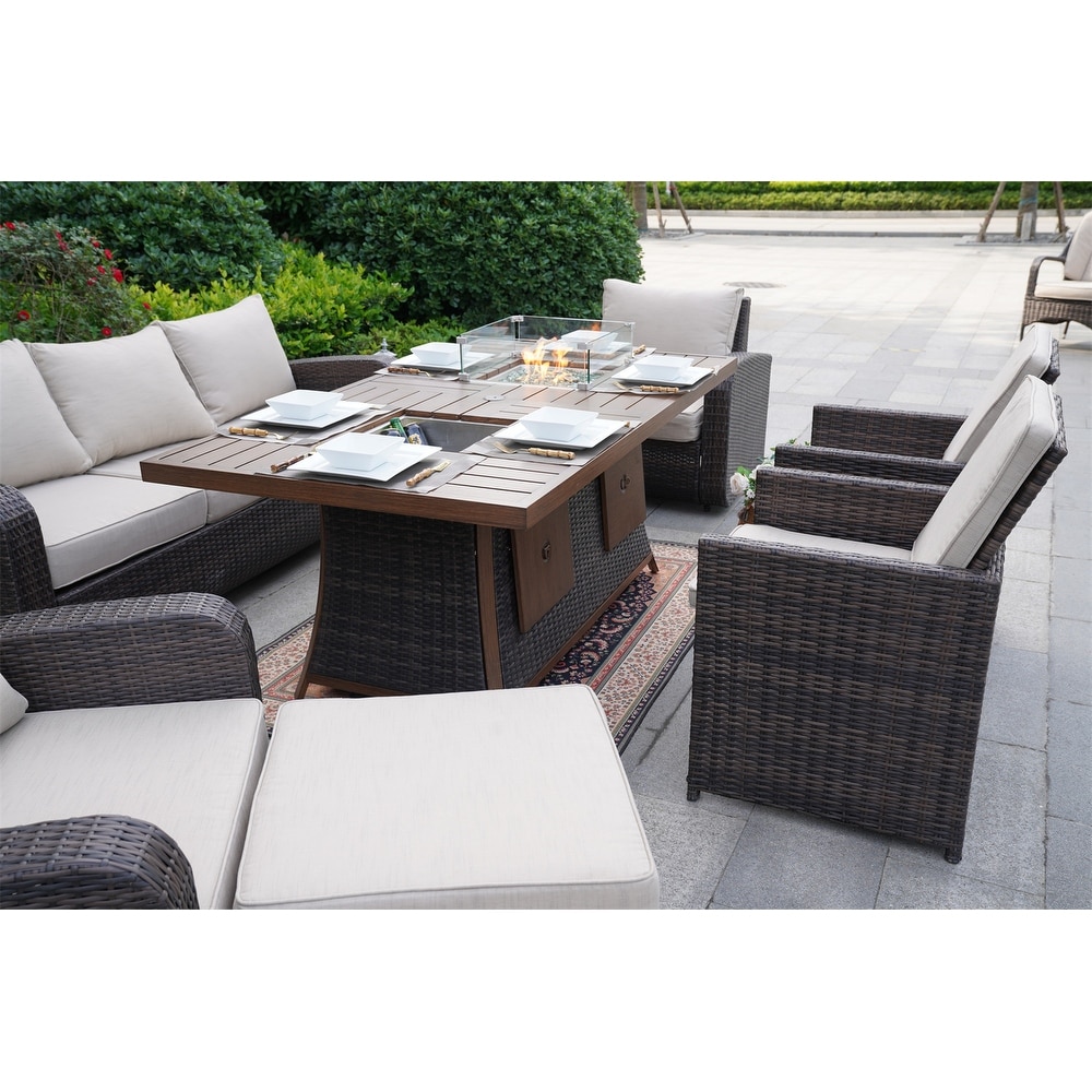 Brown Garden Patio Rectangular Sofa and Dining Set With Gas Firepit And Ice  Bucket and Ottomans - On Sale - Bed Bath & Beyond - 35900888