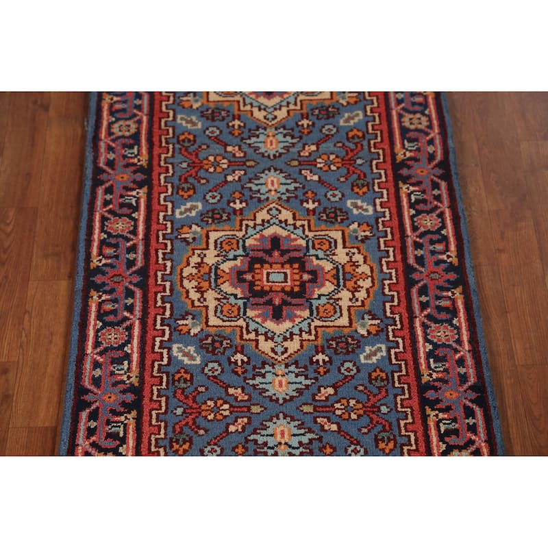 Geometric Heriz Serapi Runner Rug Hand-Knotted Wool Carpet - 2'7" x 7'10"