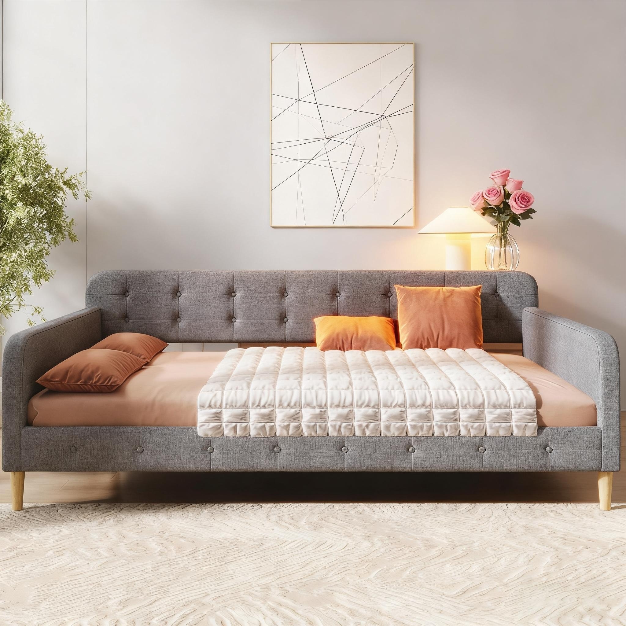 Queen Size Upholstered Daybed with Button Tufted Linen Backrest and Solid Wood Frame for Guest Room