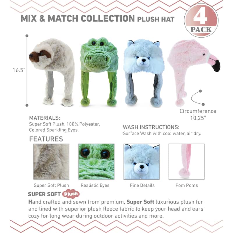 DolliBu Mix and Match Animal Plush Hat Set of 4 for All Ages, One Size - One Size
