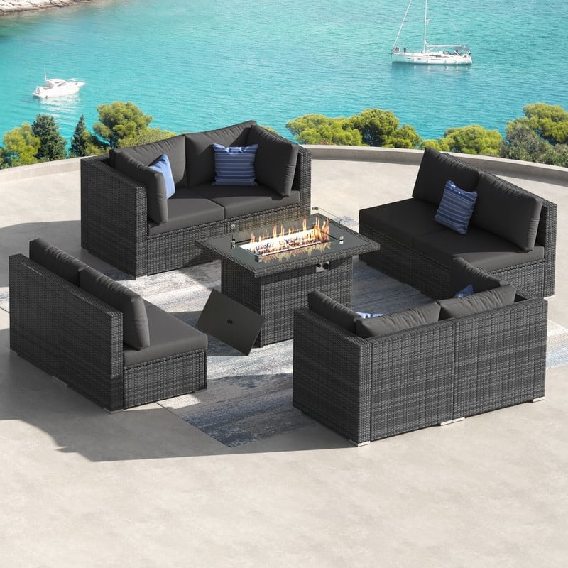 9-Piece Outdoor Modular Sectional Wicker Patio Conversation Set with CSA Fire Pit, Cushion - Dark Gary