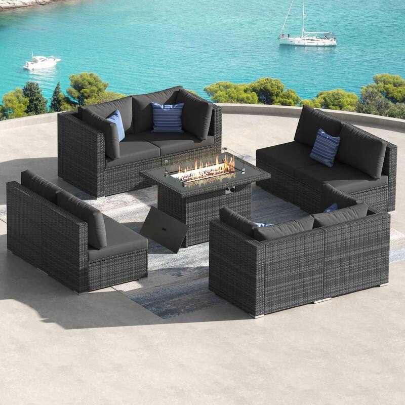 9-Piece Outdoor Wicker Patio Sectional Conversation Set with Fire Pit