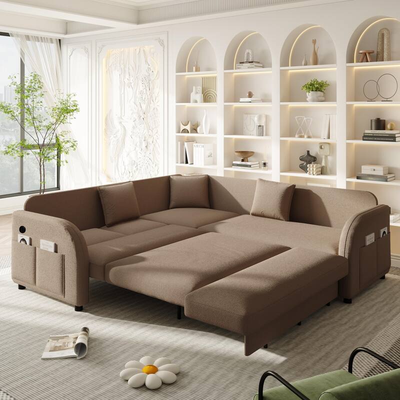 Sectional Sleeper Sofa with Pull Out Bed, Convertible Teddy Fabric Couch with Side Pockets & USB Ports, L Shaped Modular Couches