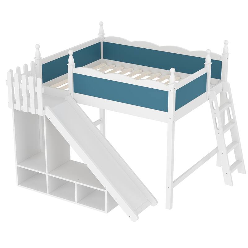 Full Loft Bed with Storage Shelves and Wardrobe, Solid Wood Loft Beds with Detachable Slide and Ladders, No Spring Box Needed