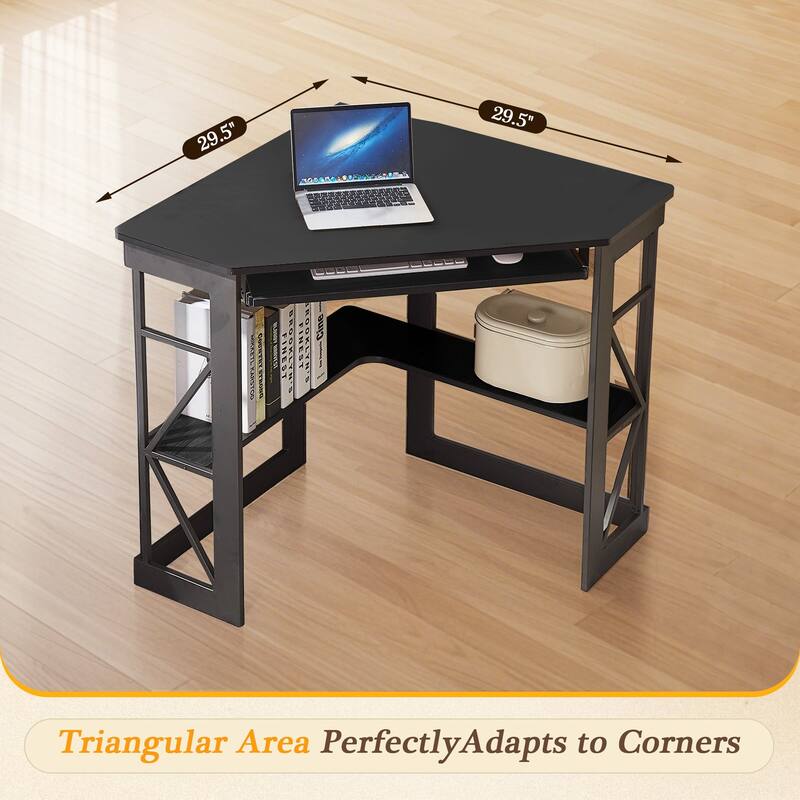 VECELO Triangular Corner Desk with Keyboard Tray Space Saving Metal Computer Desk for Home Office Study Bedroom
