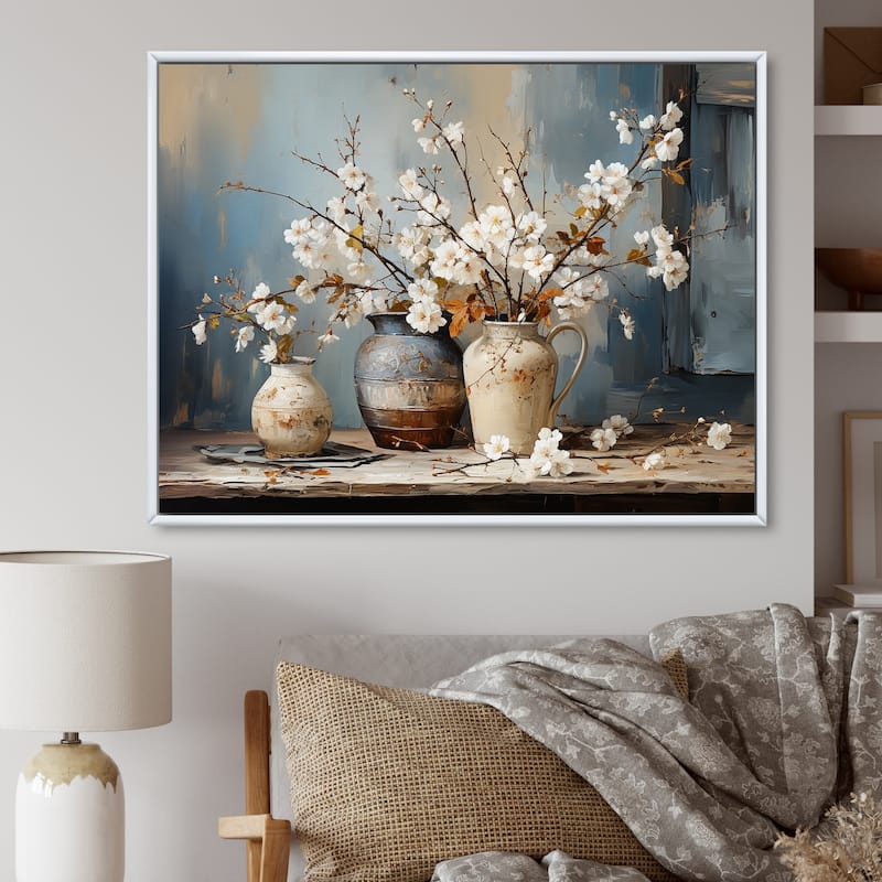 Designart "Pottery And Flowers Still Life I" Landscape Trees Framed Canvas Art Print