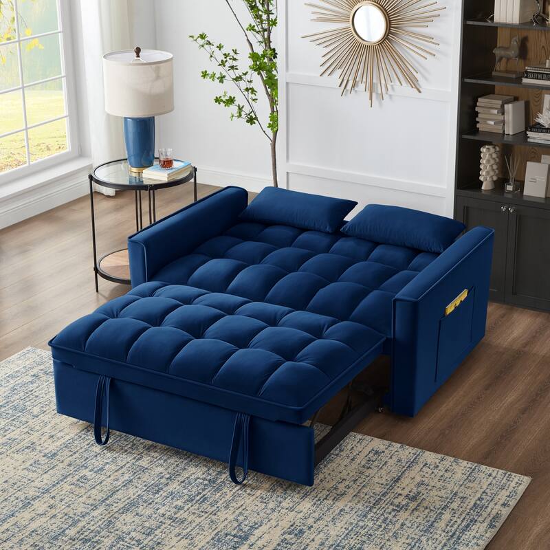 Tufted Loveseat with Pull-Out Bed, Armrests & Storage - Space-Saving Velvet Sofa